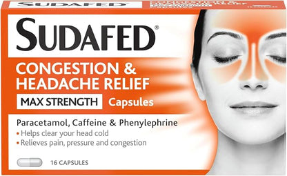 Sudafed Congestion & Headache Relief Max Strength 16 Capsules