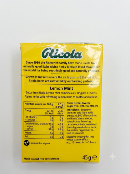 Ricola Lemon Mint Sugar Free Swiss Herbs 45g