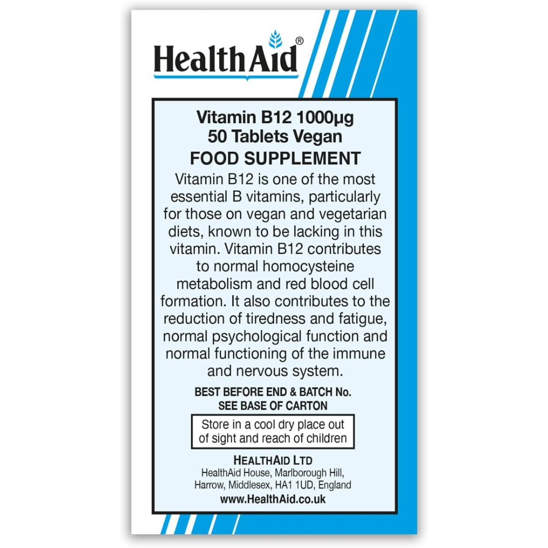 HealthAid Vitamin B12 (Cyanocobalamin) 1000ug - Prolong Release - 50 Tablets (T)
