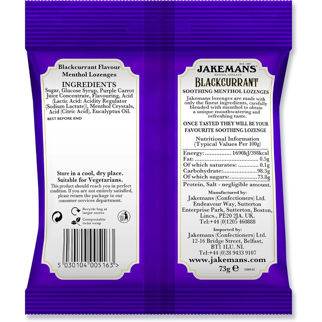 Jakemans Blackcurrant  Soothing Menthol Sweets  73g Pack of 12 (T)