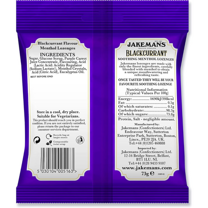 Jakemans Blackcurrant  Soothing Menthol Sweets  73g Pack of 12 (T)