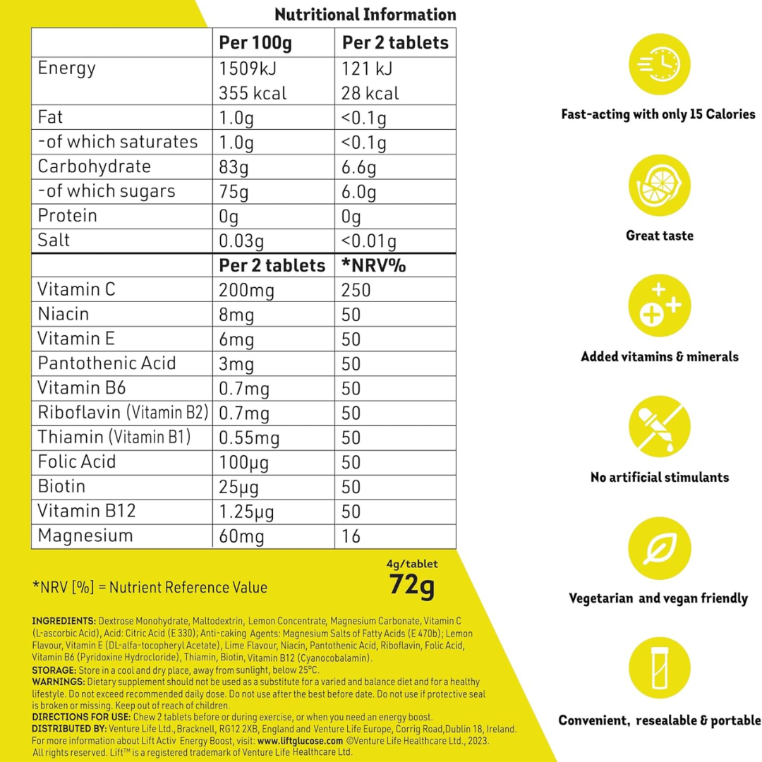 LiftActiv Energy Boost Chewable Tablets - Zesty Lemon & Lime 18s (T)