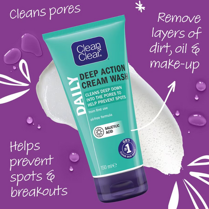 Clean and Clear Deep Action Oil-Free Cream Wash, 150 ml (T)