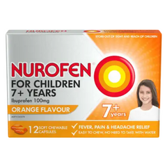 Nurofen For Children 7+ Pain and Fever Relief Chewable Capsules 100mg Ibuprofen Orange 12 pack (P) (N)
